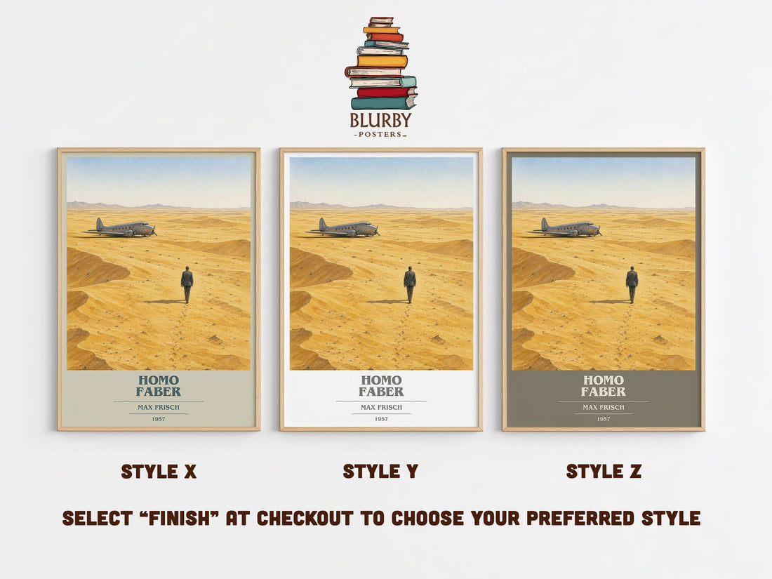 Homo Faber book cover print in frame leaning in hallway – literary fiction wall art (mockup)