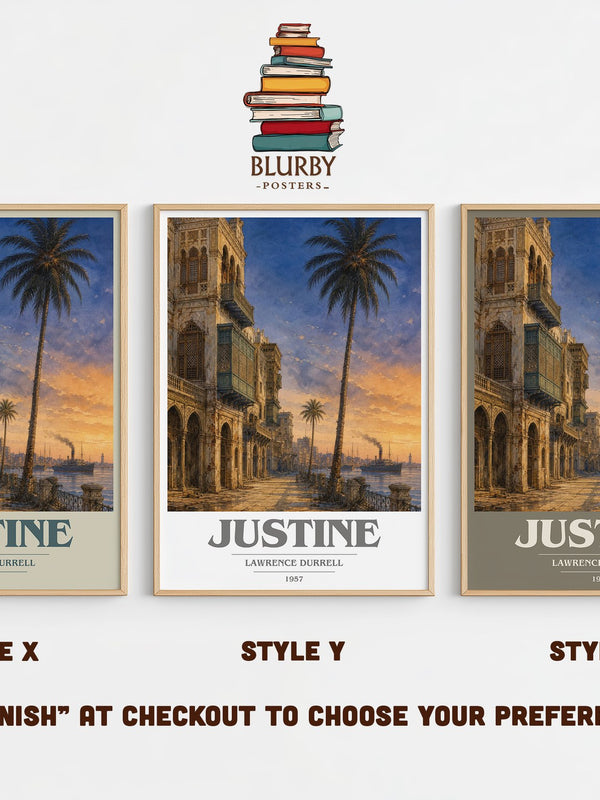 Justine book cover print in frame leaning in hallway – literary fiction wall art