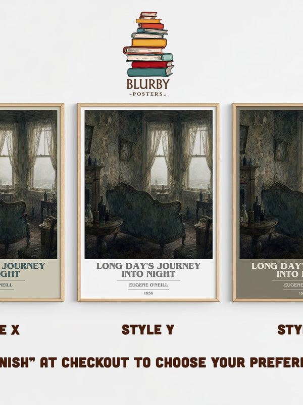 Long Day's Journey Into Night book cover print in frame leaning in hallway – literary fiction wall art