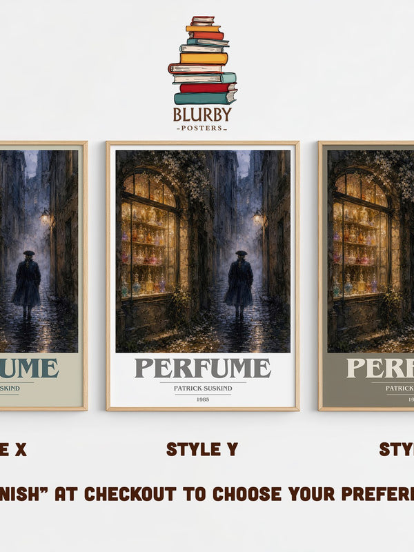 Perfume book cover print in frame leaning in hallway – literary fiction wall art