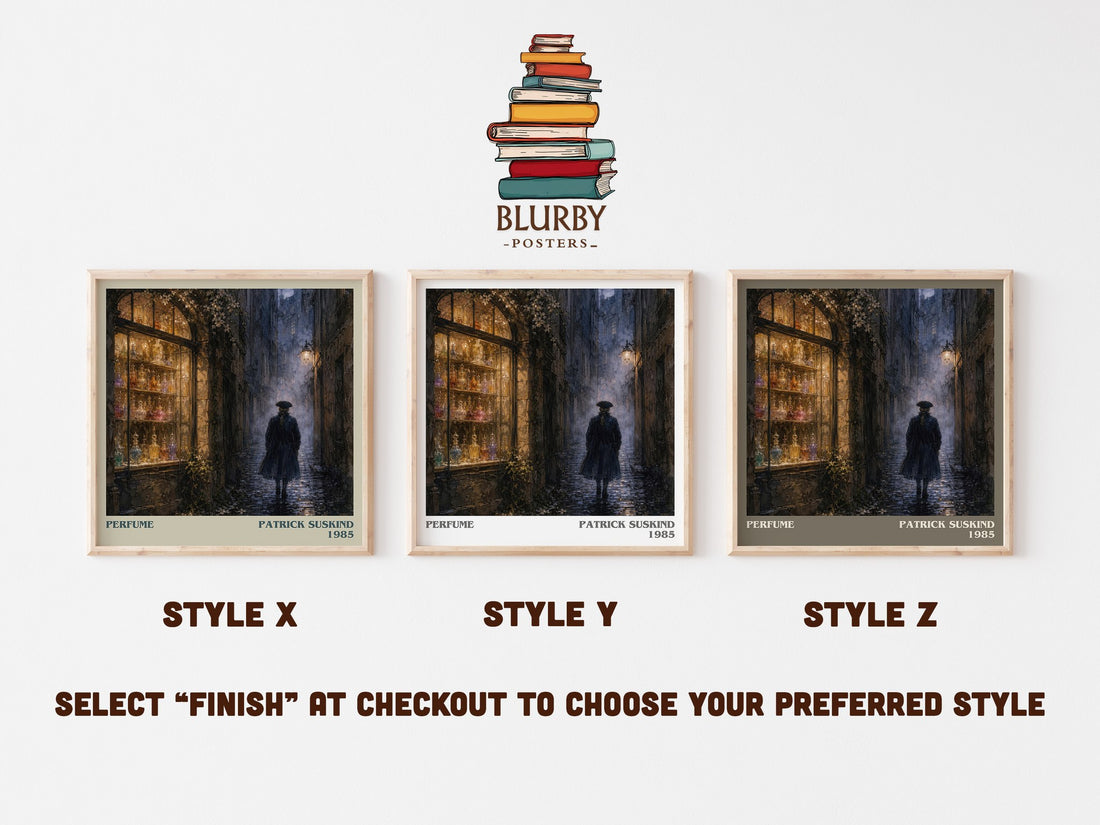Perfume literary print in frame leaning in hallway – literary fiction wall art (mockup)