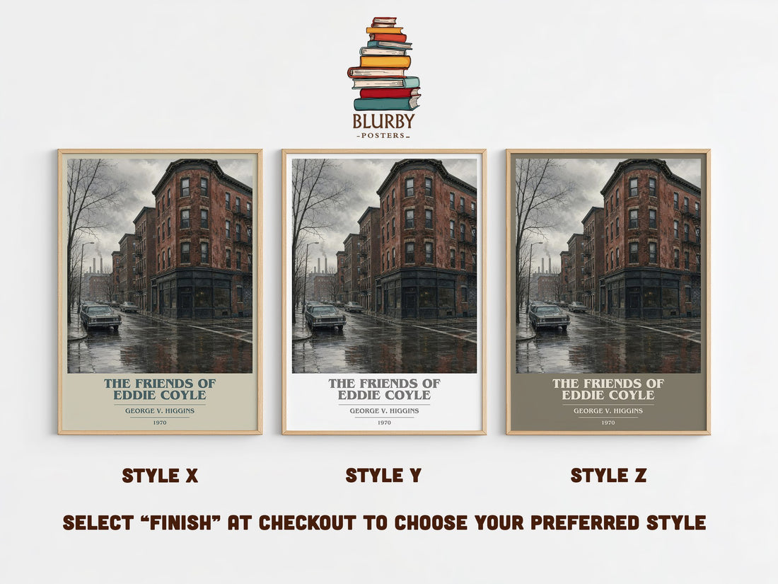 The Friends Of Eddie Coyle book cover print in frame leaning in hallway – crime wall art (mockup)