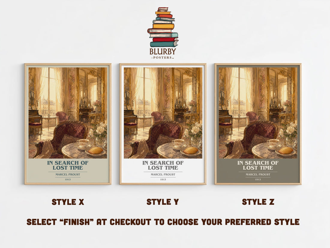 In Search of Lost Time book cover print in frame leaning in hallway – literary fiction wall art (mockup)