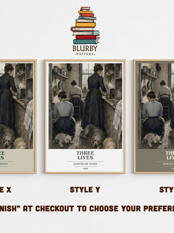 Three Lives book cover print in frame leaning in hallway – literary fiction wall art