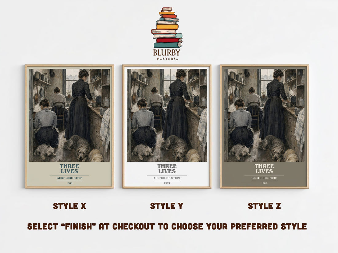 Three Lives book cover print in frame leaning in hallway – literary fiction wall art (mockup)