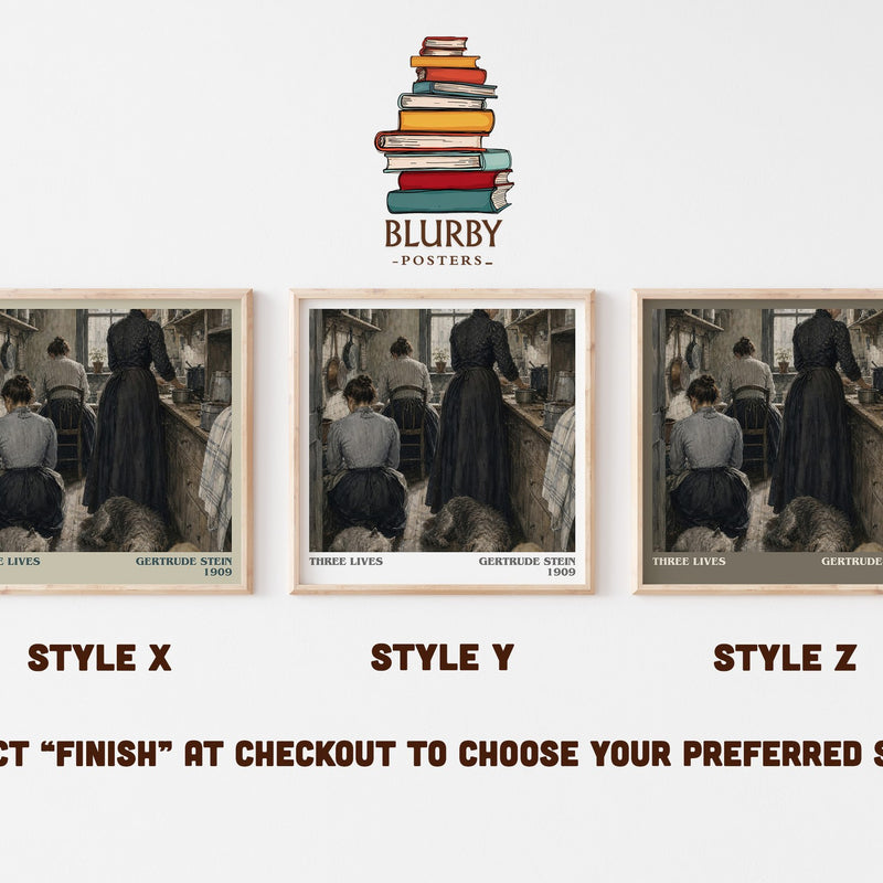 Three Lives literary print in frame leaning in hallway – literary fiction wall art