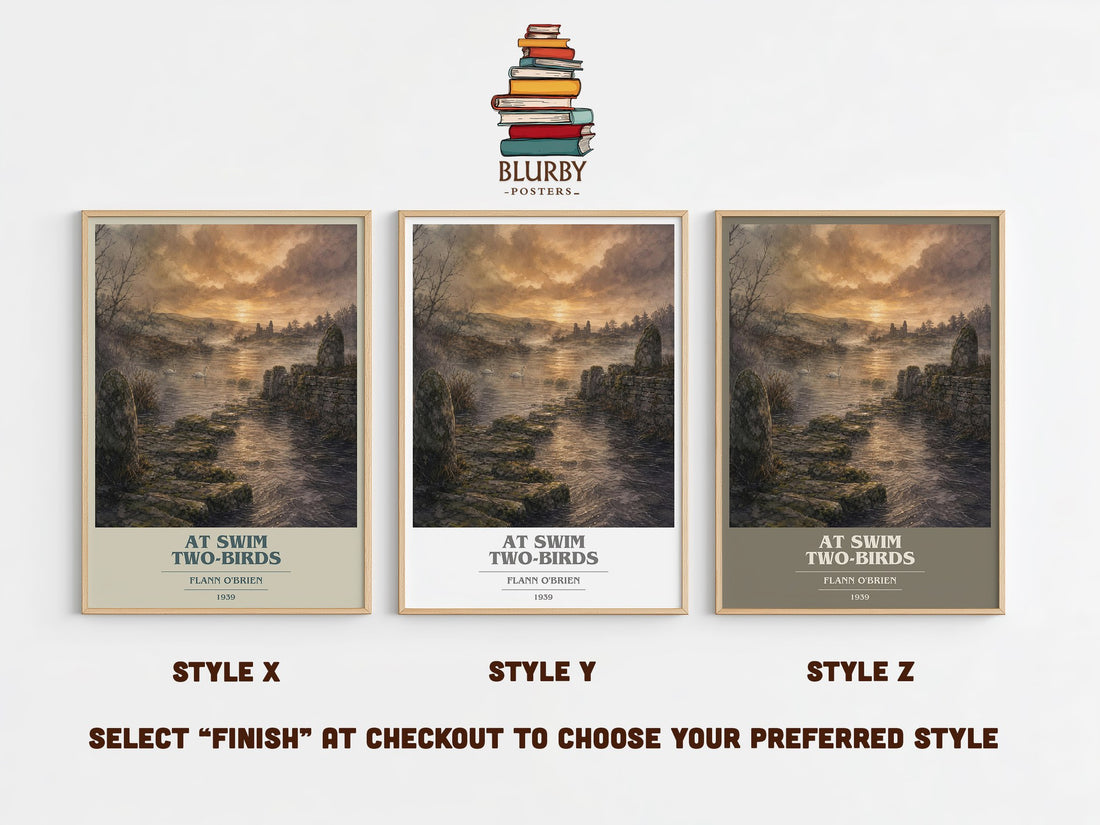 At Swim Two-Birds book cover print in frame leaning in hallway – literary fiction wall art (mockup)