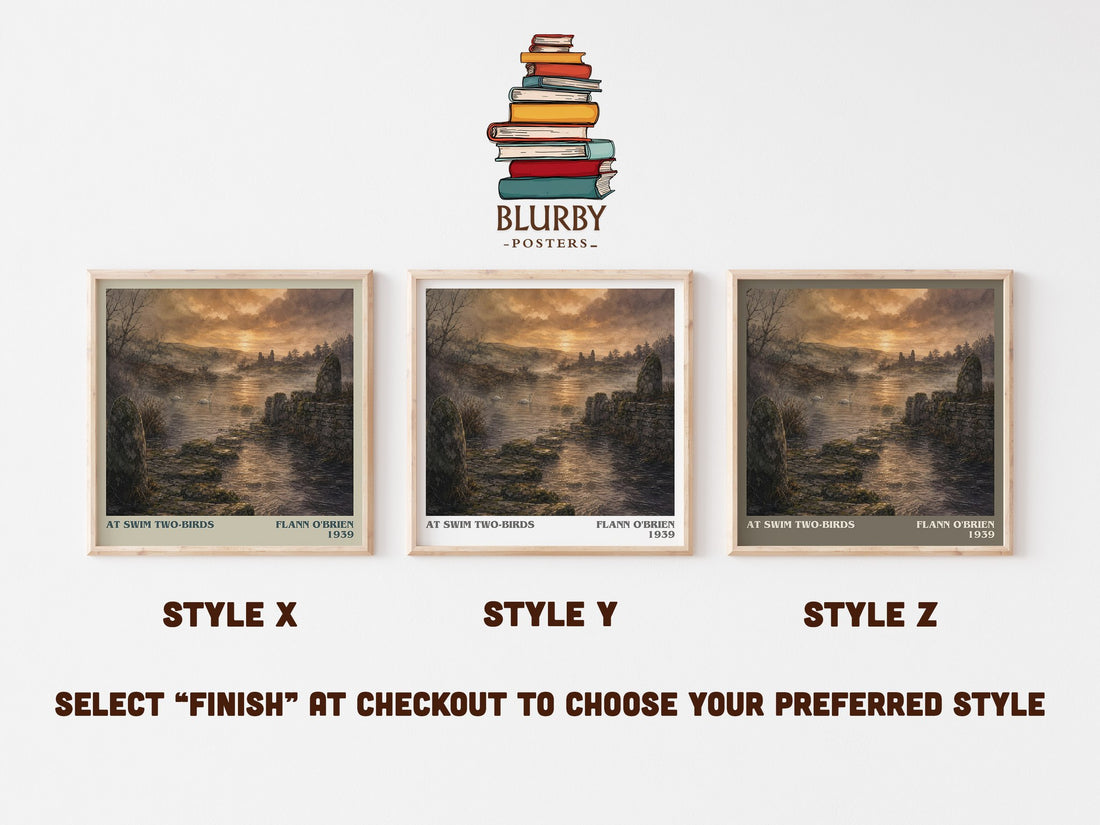 At Swim Two-Birds literary print in frame leaning in hallway – literary fiction wall art (mockup)