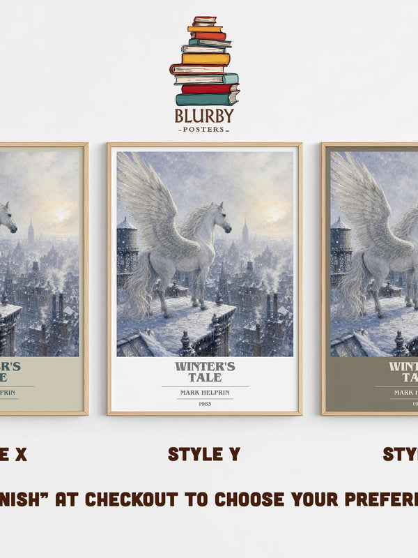 Winter's Tale book cover print in frame leaning in hallway – literary fiction wall art