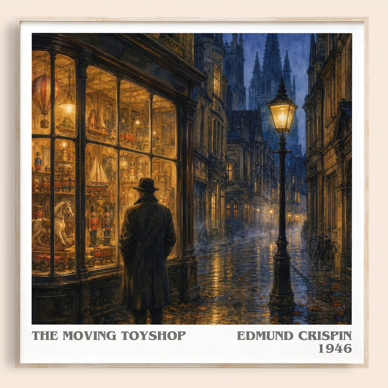 The Moving Toyshop literary book poster by Edmund Crispin – framed literary art print