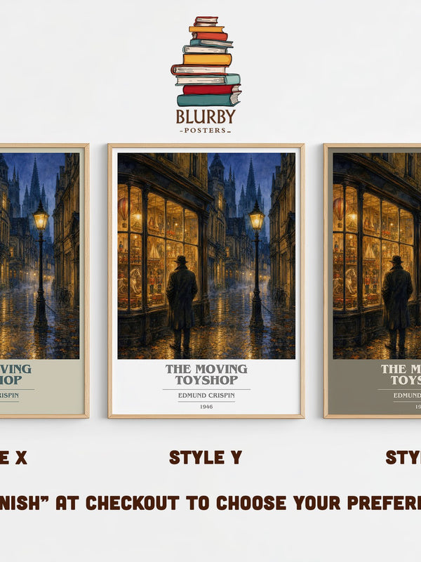The Moving Toyshop book cover print in frame leaning in hallway – mystery wall art