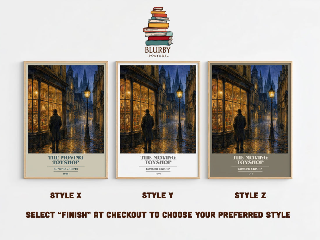 The Moving Toyshop book cover print in frame leaning in hallway – mystery wall art (mockup)