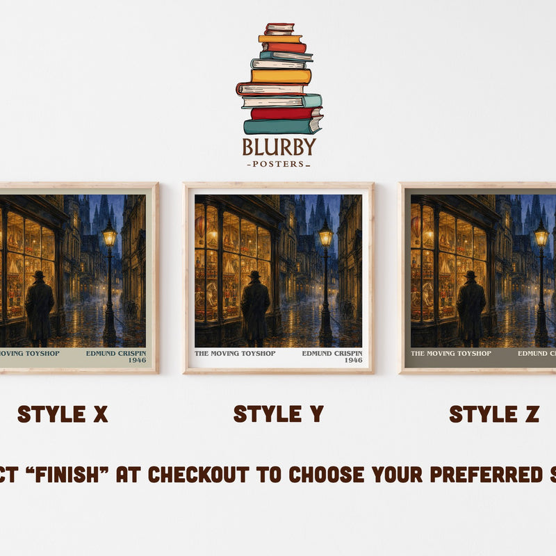 The Moving Toyshop literary print in frame leaning in hallway – mystery wall art