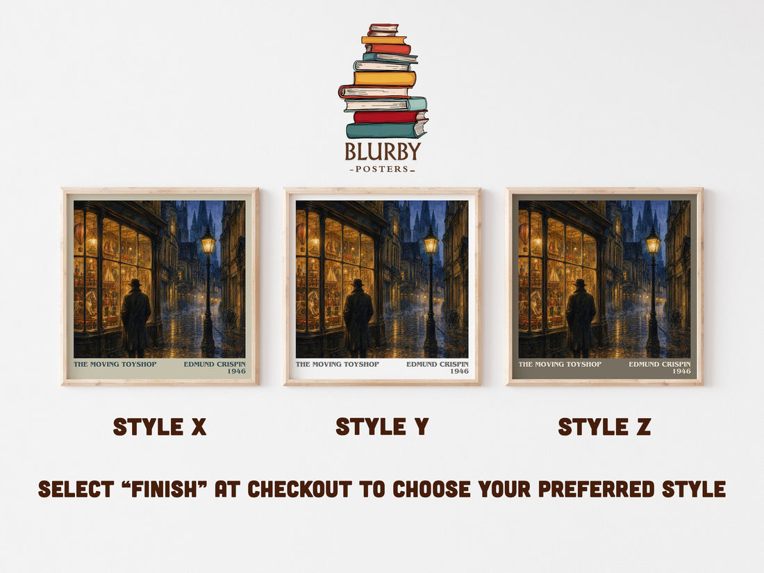 The Moving Toyshop literary print in frame leaning in hallway – mystery wall art (mockup)