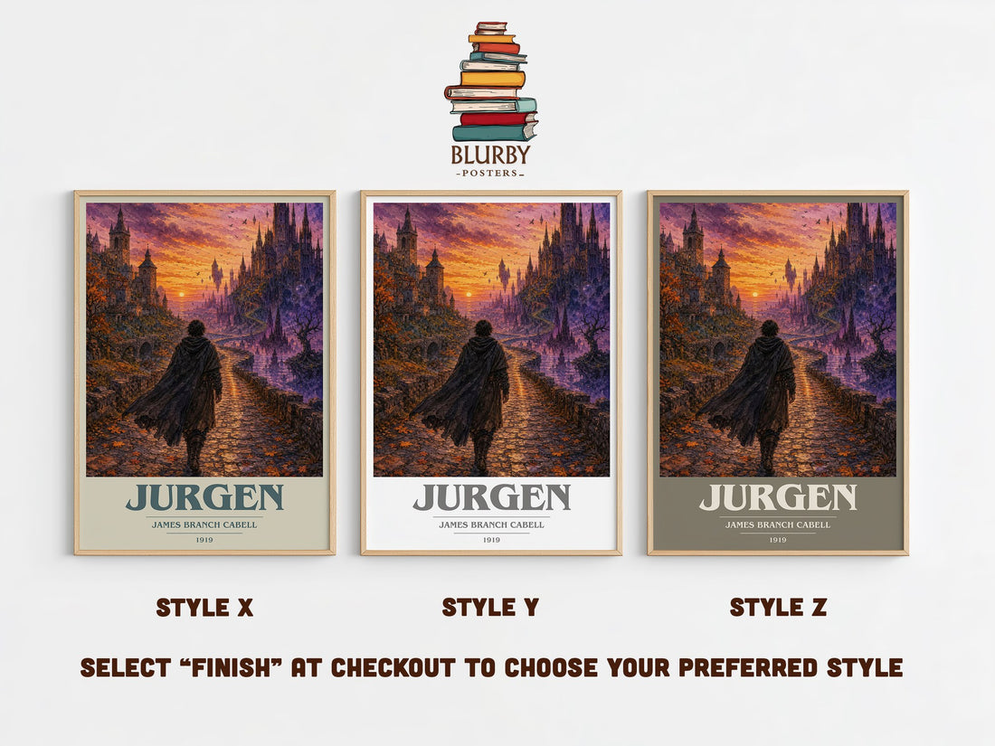 Jurgen book cover print in frame leaning in hallway – fantasy wall art (mockup)