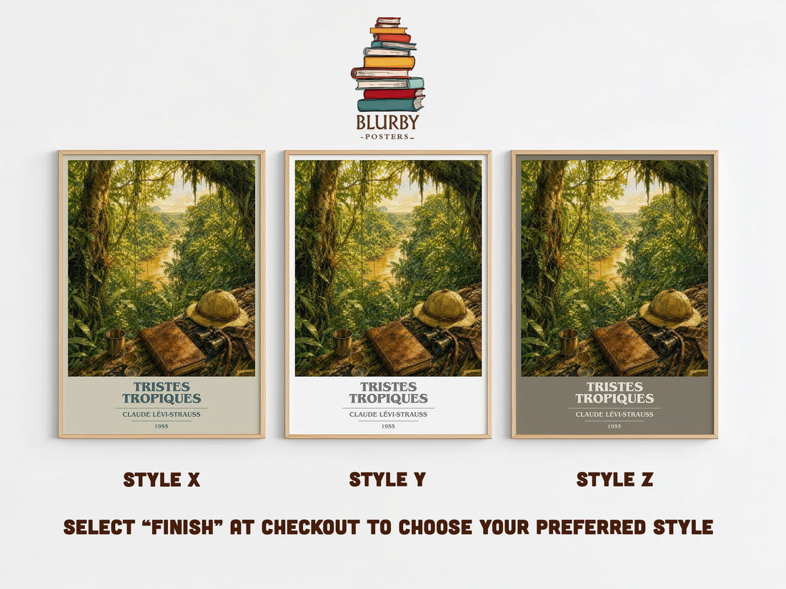 Tristes Tropiques book cover print in frame leaning in hallway – non fiction wall art (mockup)