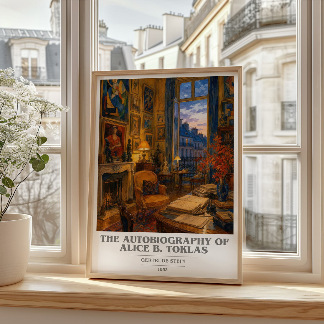 The Autobiography of Alice B. Toklas book cover print in frame leaning in hallway – memoir wall art