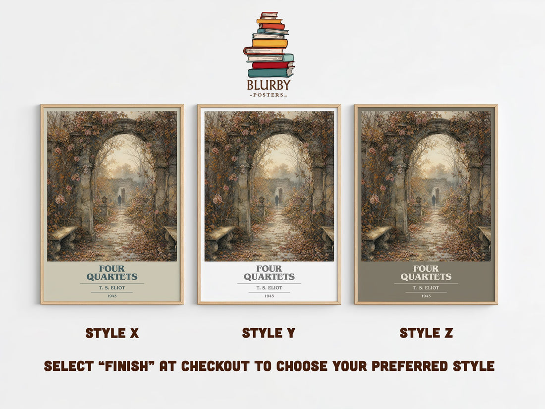 Four Quartets book cover print in frame leaning in hallway – poetry wall art (mockup)