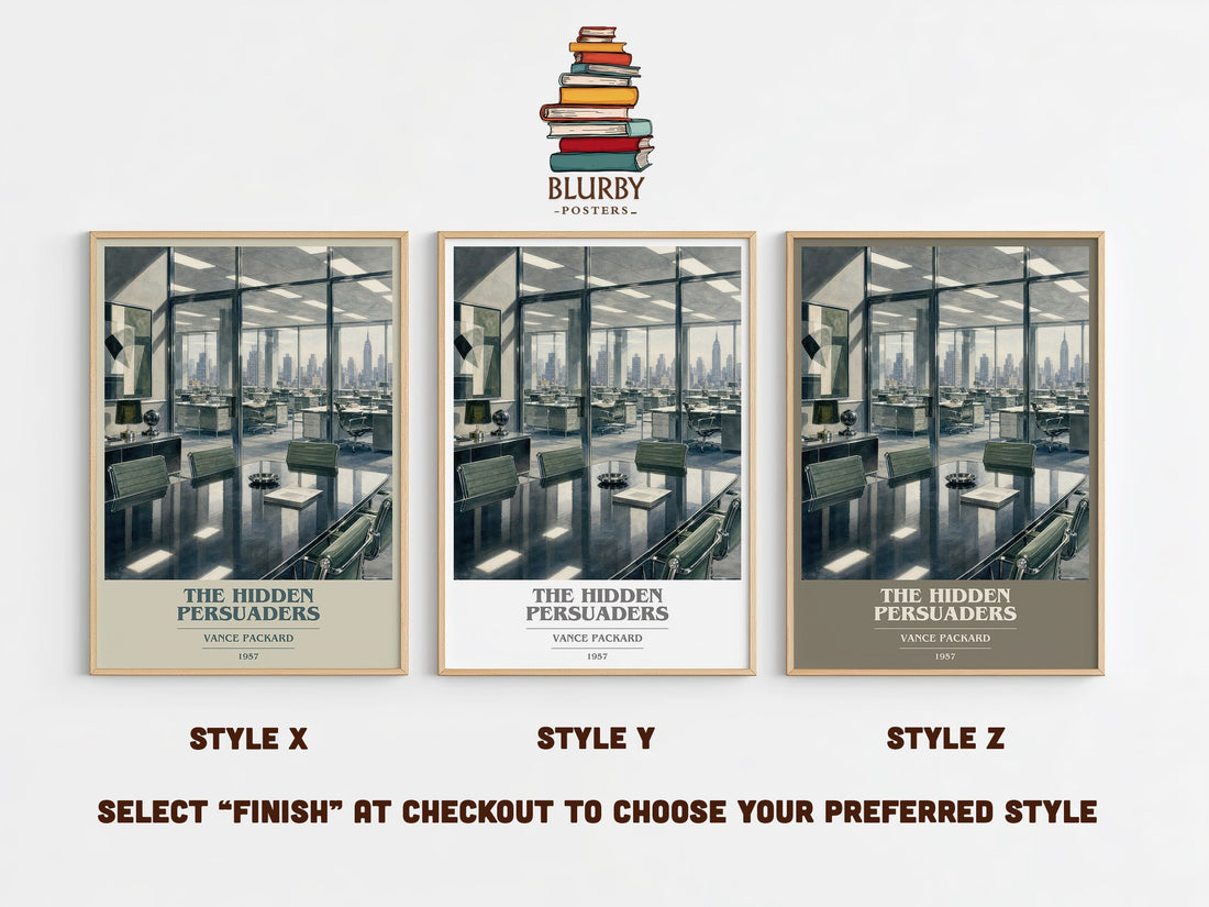 The Hidden Persuaders book cover print in frame leaning in hallway – non fiction wall art (mockup)