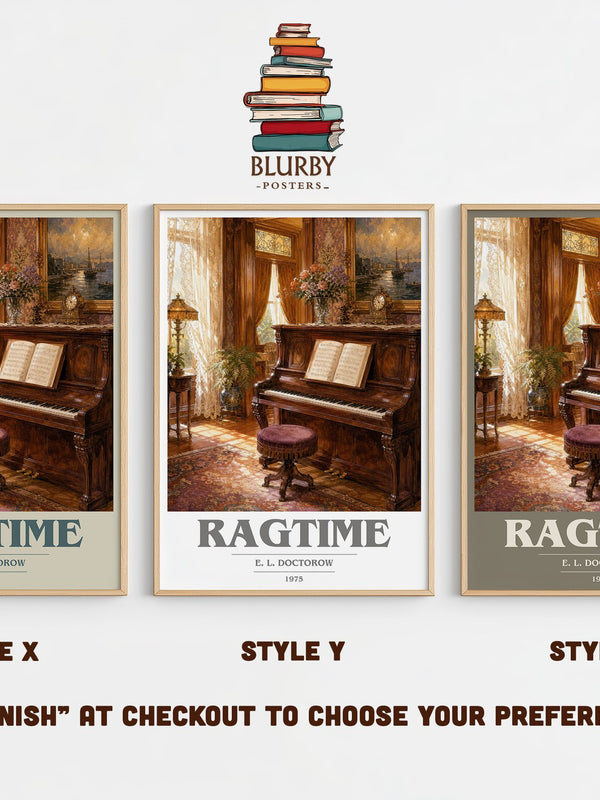 Ragtime book cover print in frame leaning in hallway – historical fiction wall art