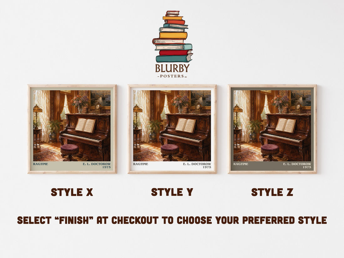 Ragtime literary print in frame leaning in hallway – historical fiction wall art (mockup)