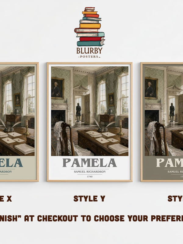Pamela book cover print in frame leaning in hallway – classic literature wall art
