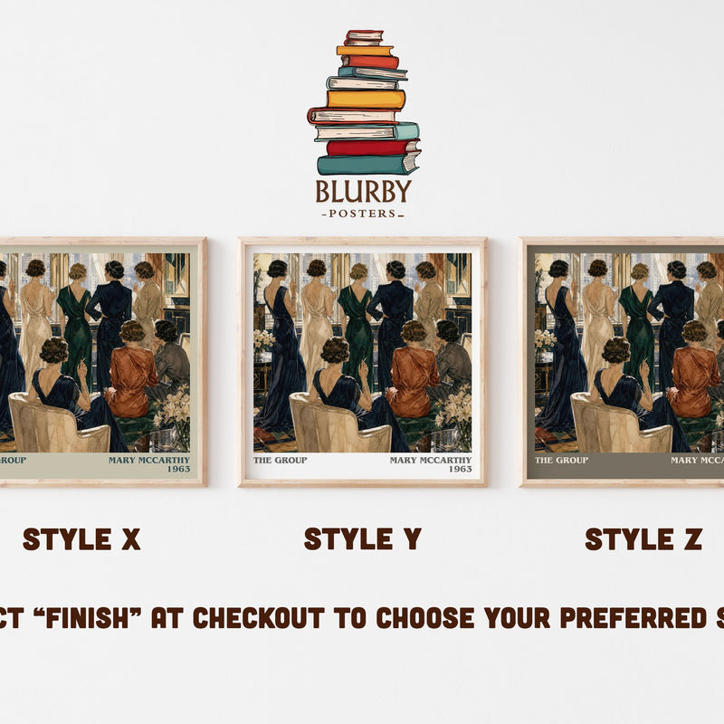 The Group literary print in frame leaning in hallway – satire wall art