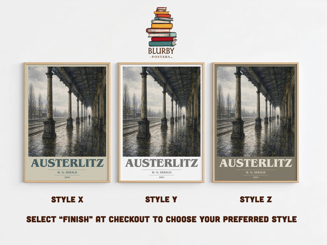 Austerlitz book cover print in frame leaning in hallway – literary fiction wall art (mockup)