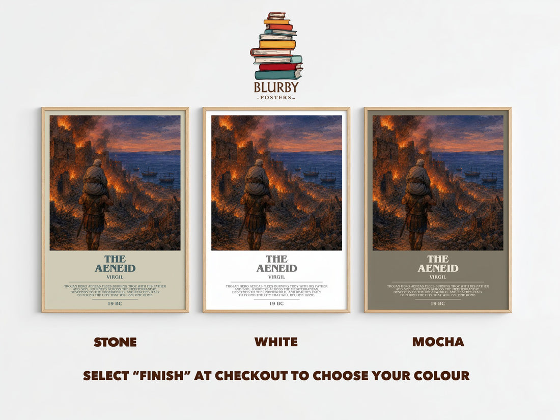 The Aeneid bookish print framed by window – Stone, White and Mocha side by side – choose your colour