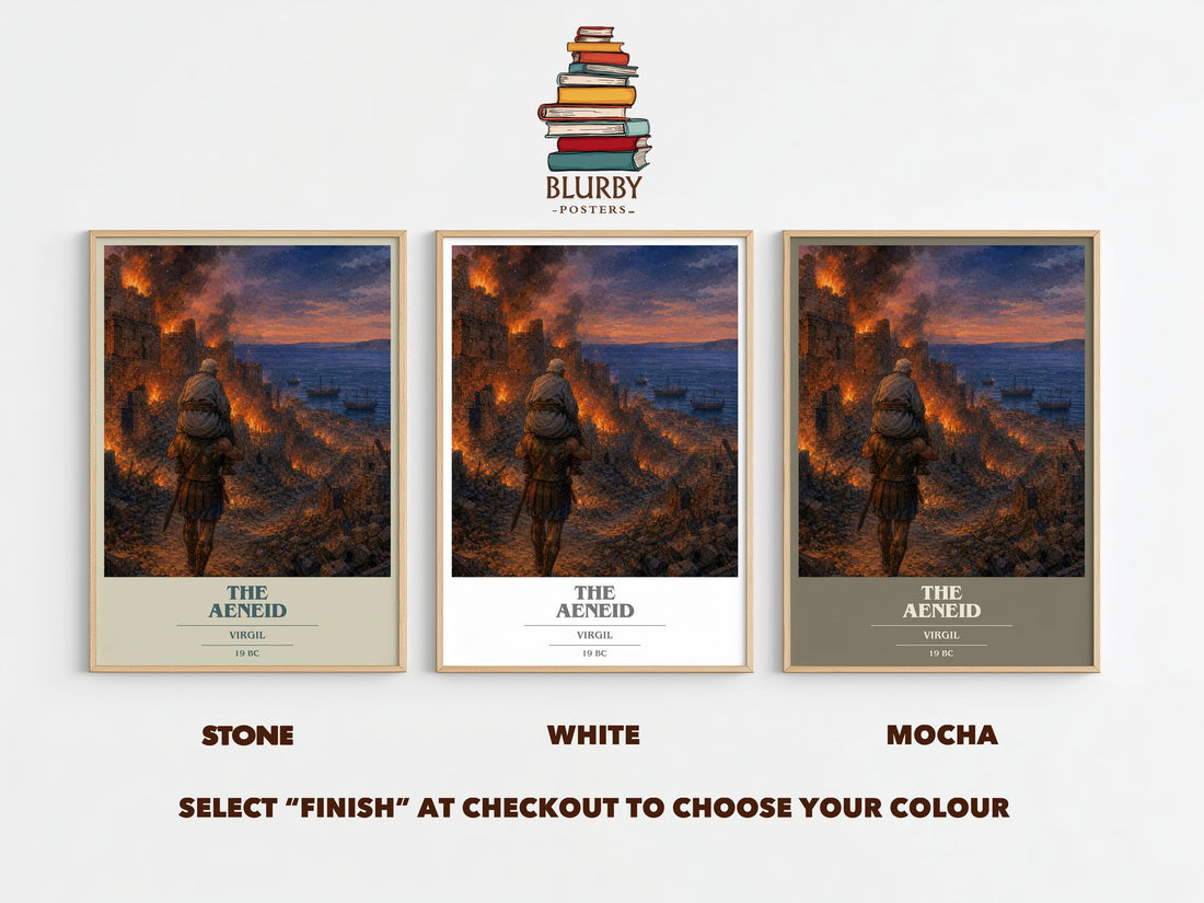 The Aeneid book cover print framed by window – Stone, White and Mocha side by side – choose your colour