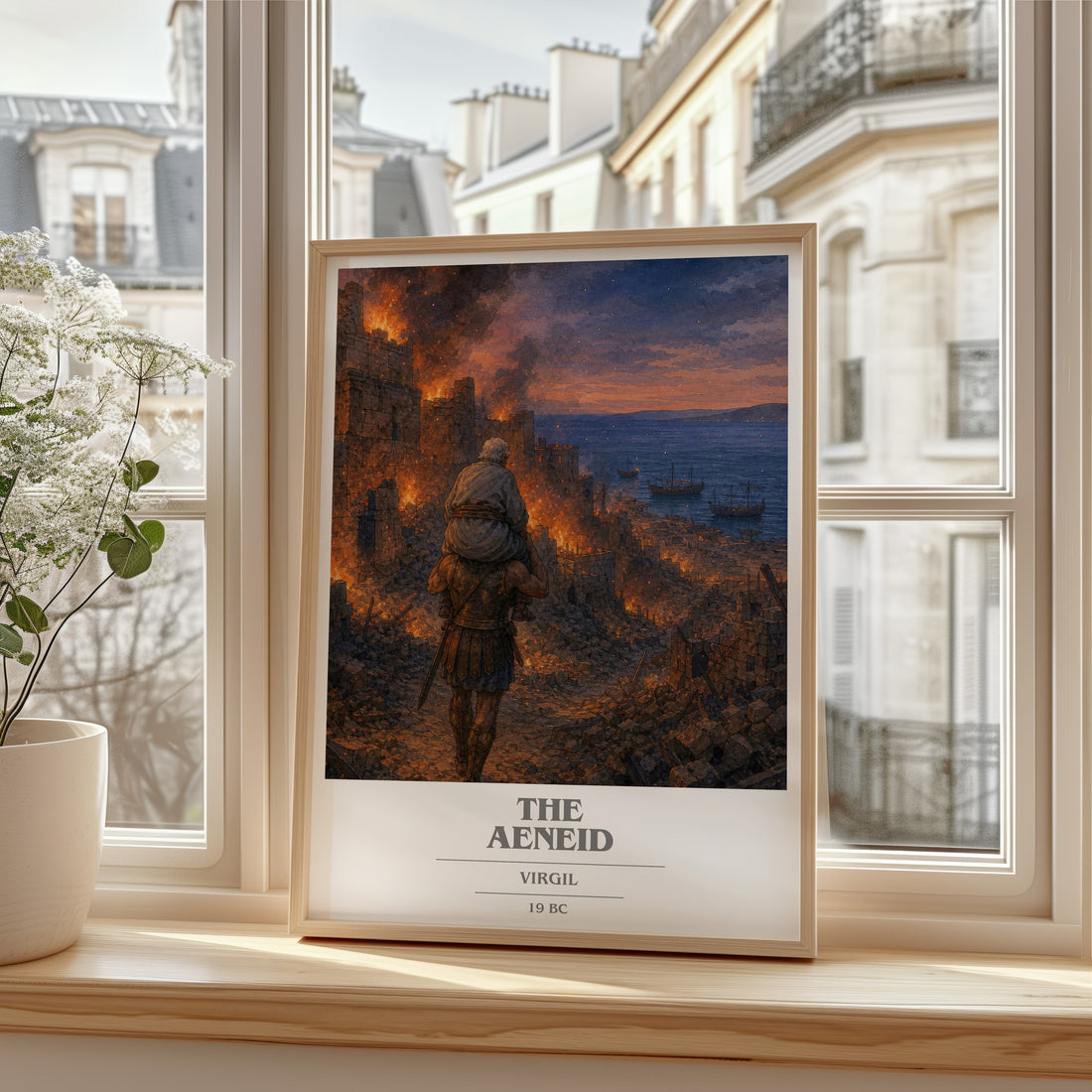The Aeneid book cover print in frame leaning in hallway – poetry wall art