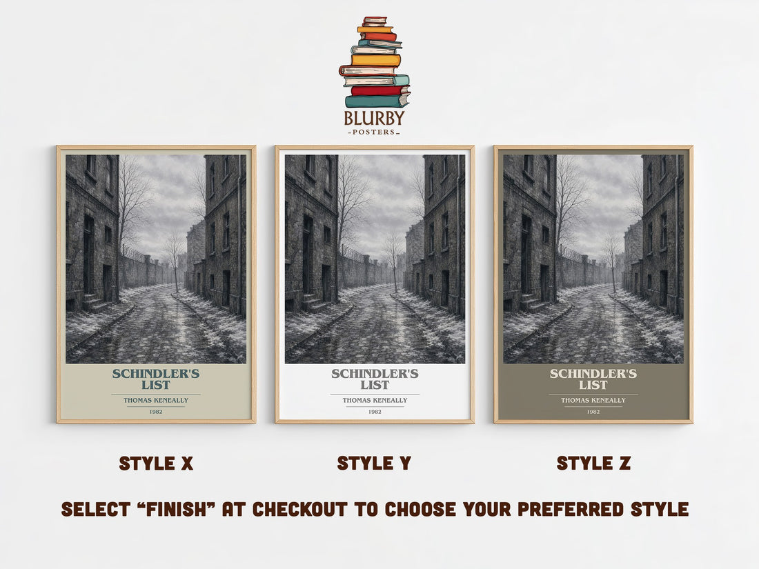Schindler's List book cover print in frame leaning in hallway – historical fiction wall art (mockup)