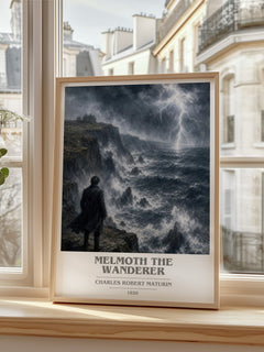 Melmoth the Wanderer book cover print in frame leaning in hallway – gothic wall art