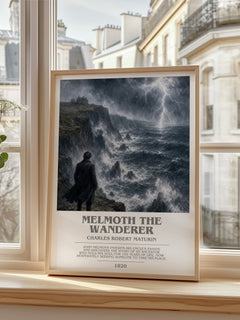 Melmoth the Wanderer bookish print in frame leaning in hallway – gothic wall art