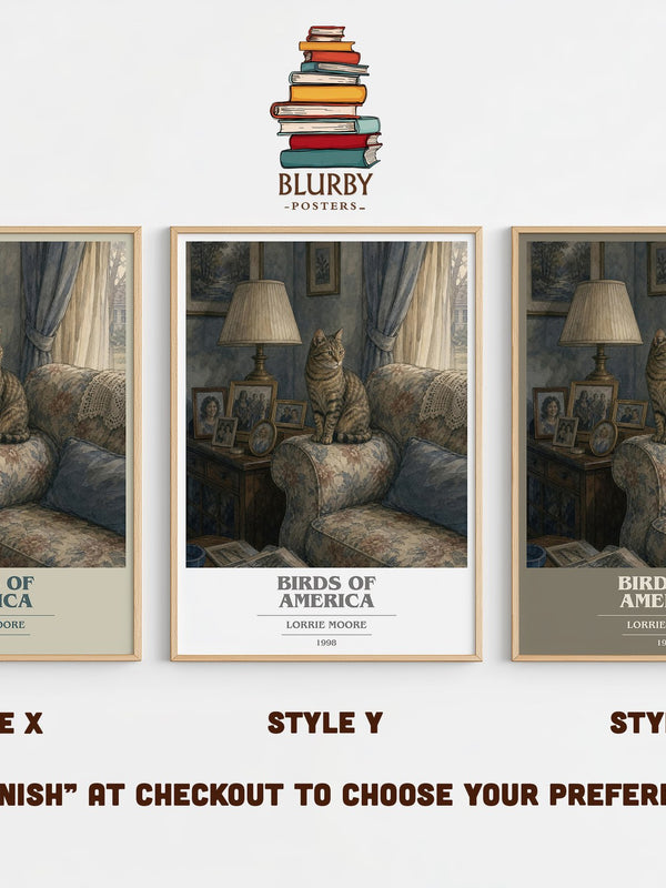 Birds of America book cover print in frame leaning in hallway – literary fiction wall art