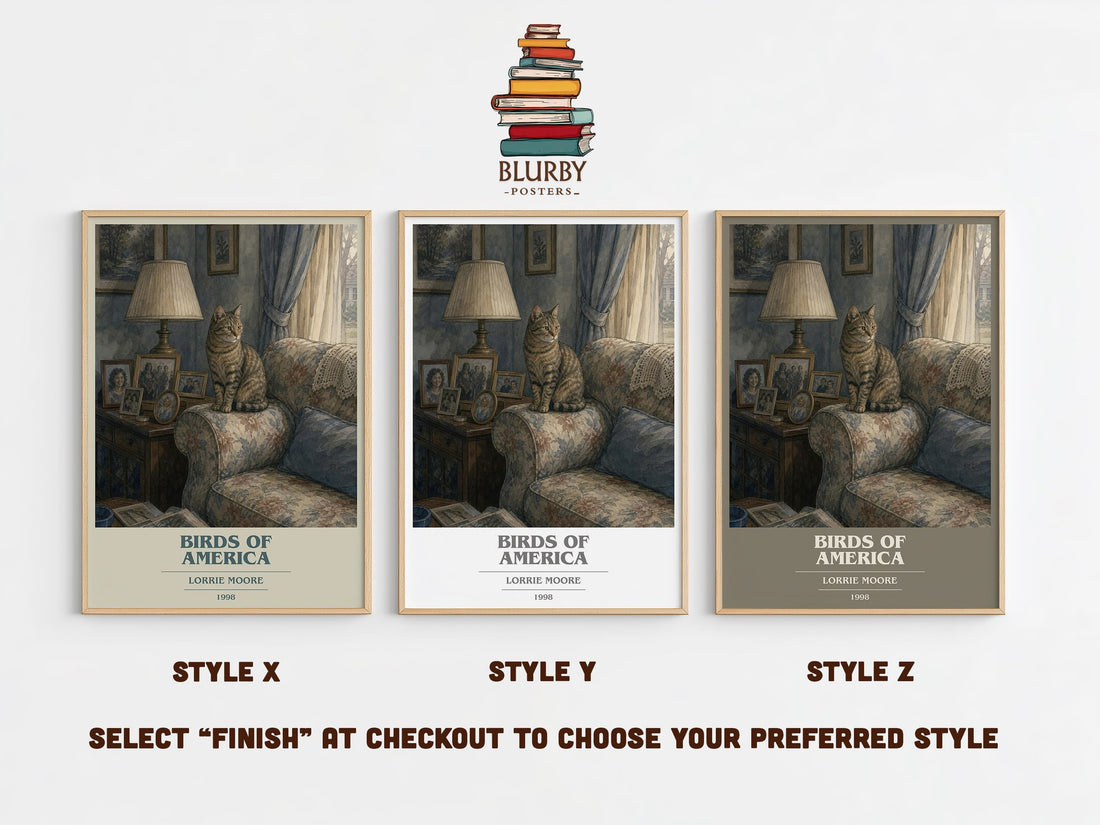 Birds of America book cover print in frame leaning in hallway – literary fiction wall art (mockup)
