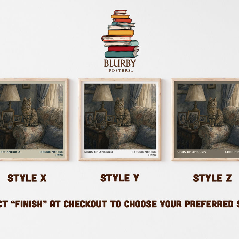 Birds of America literary print in frame leaning in hallway – literary fiction wall art
