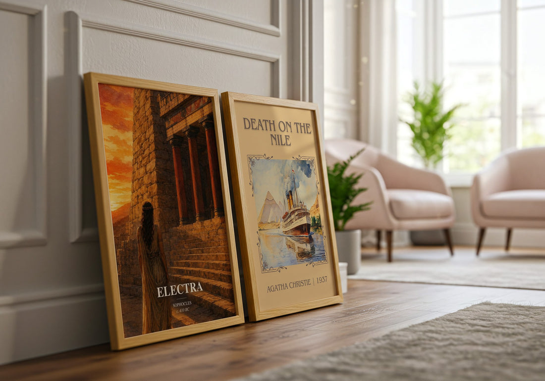 Electra watercolour print framed by window – literary home decor