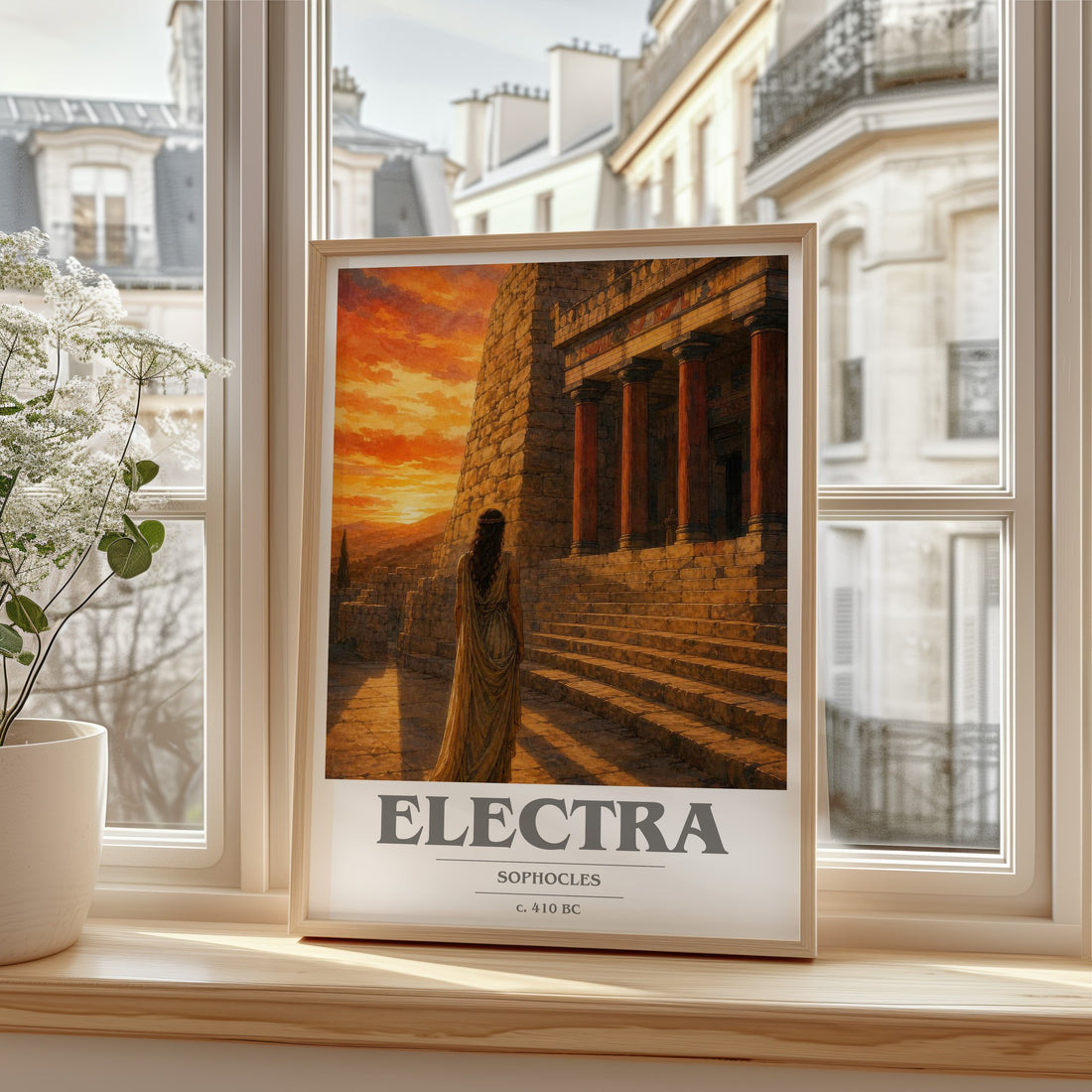 Electra book cover print in frame leaning in hallway – classic literature wall art