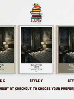 Beast In View book cover print in frame leaning in hallway – mystery wall art