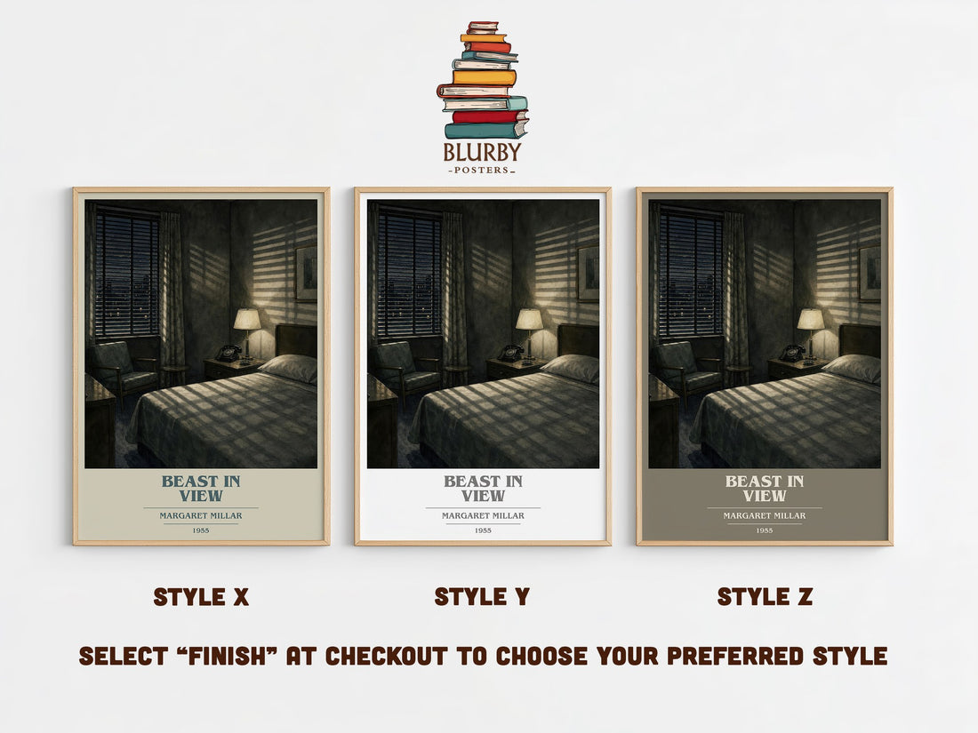 Beast In View book cover print in frame leaning in hallway – mystery wall art