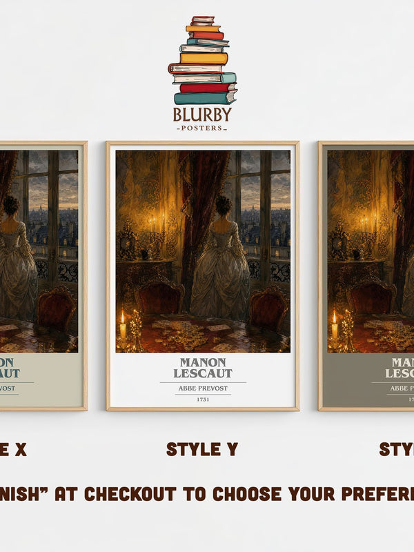 Manon Lescaut book cover print in frame leaning in hallway – classic literature wall art