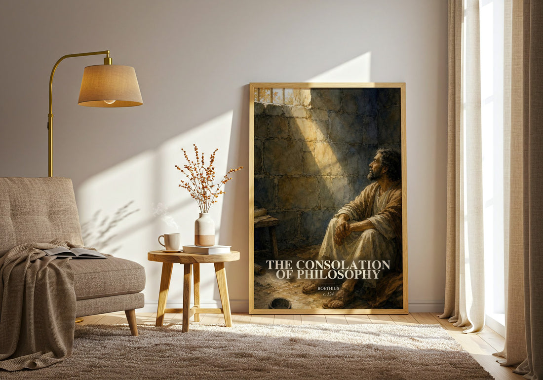 The Consolation of Philosophy watercolour print in frame leaning in hallway – philosophy wall art