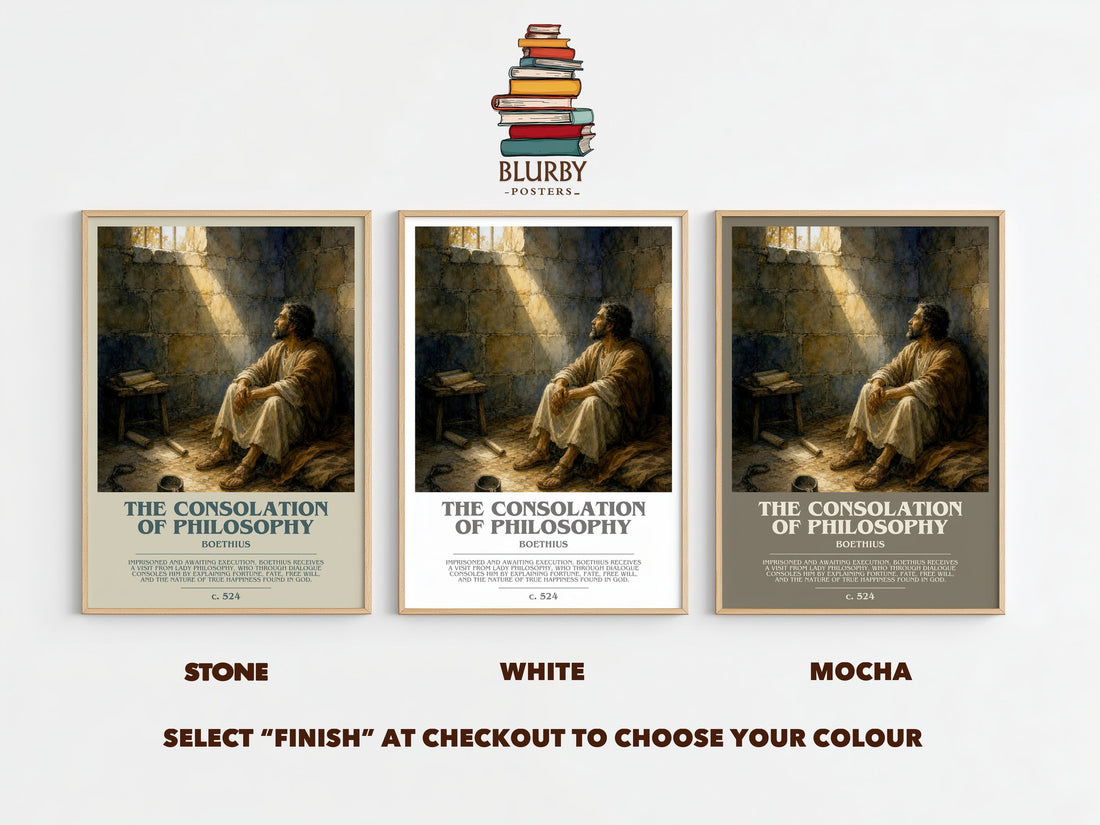 The Consolation of Philosophy bookish print framed by window – Stone, White and Mocha side by side – choose your colour