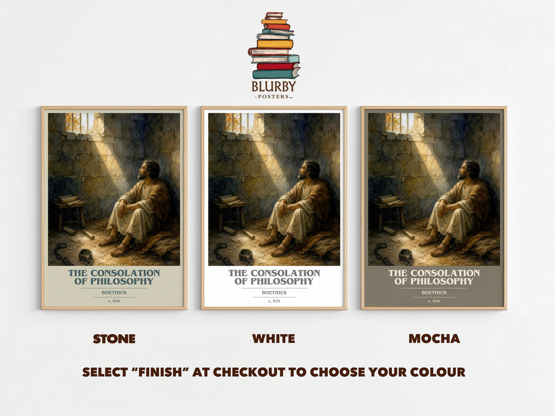 The Consolation of Philosophy book cover print framed by window – Stone, White and Mocha side by side – choose your colour