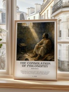 The Consolation of Philosophy bookish print in frame leaning in hallway – philosophy wall art