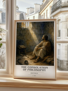 The Consolation of Philosophy book cover print in frame leaning in hallway – philosophy wall art