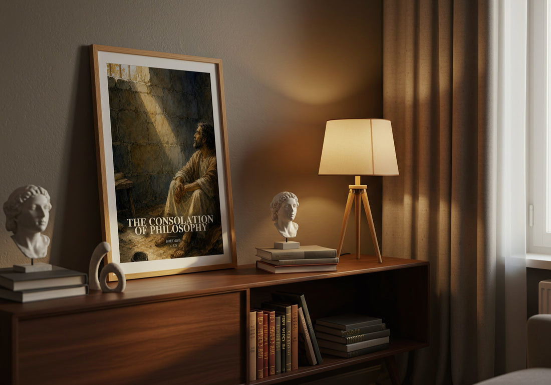 The Consolation of Philosophy watercolour print on bookshelf – Boethius fan gift