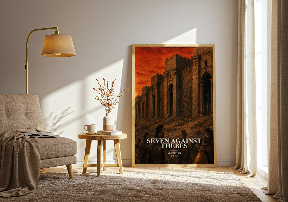 Seven Against Thebes watercolour print in frame leaning in hallway – classic literature wall art