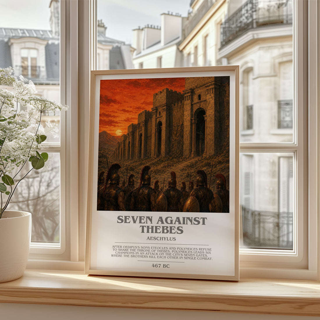 Seven Against Thebes bookish print in frame leaning in hallway – classic literature wall art